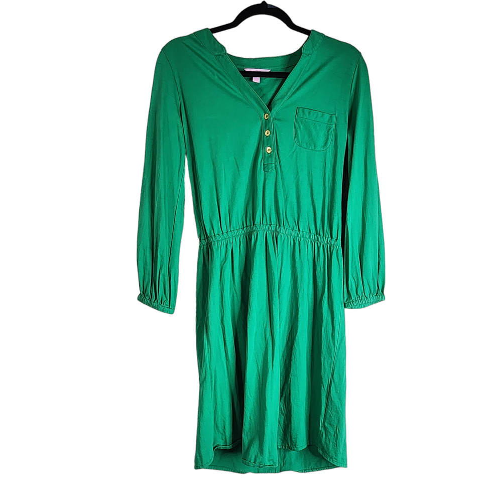 Lilly Pulitzer Beckett Shirt Dress SZ Small Solid Kelly Green Henley 3/4 Sleeve